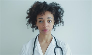 A healthcare professional with curly hair stands confidently in medical attire AI generated