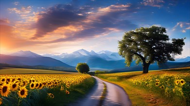 Idyllic countryside road blooming sunflower fields and ancient oak trees bordering in sunset, AI