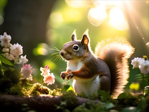Squirrel engaged in foraging activities amid a verdant summer woodland sunbeams permeating the