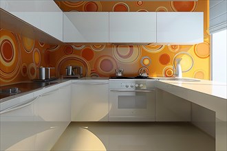 Modern kitchen interior with vibrant patterns and clean lines, AI generated