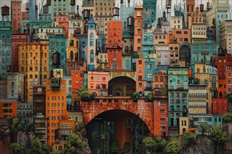 Surreal architectural collage of a densely packed colorful city with imaginative structures,