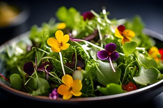 Salad adorned with microgreens and edible flowers, AI generated