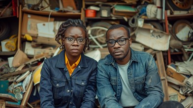 Two african people with serious expressions standing in front of a cluttered indoor background, AI