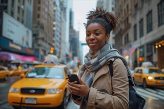 Smiling young woman with smartphone on busy city street with yellow taxis, AI generated