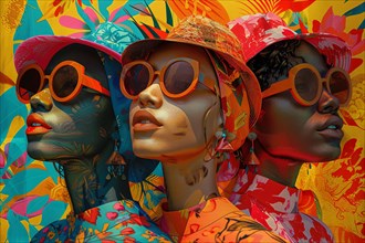 Colorful depiction of a woman in sunglasses with a double exposure of tropical flowers,
