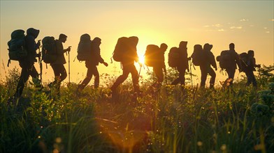 Silhouettes of hikers trekking during sunset in the outdoors, AI generated