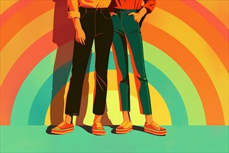 Stylized group of people standing before a colorful rainbow background, illustration, AI generated