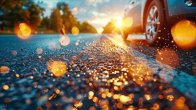 Shimmering wet road with car at sunset and blurred light reflections, bokeh and flare effect, AI