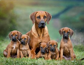 Dog, Rhodesian Ridgeback with five puppies, AI generated, AI generated