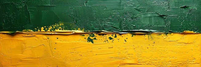 Abstract oil painting with bold green and yellow strokes using a palette knife, banner 3:1 wide