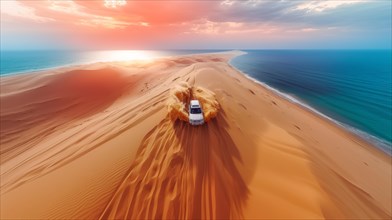 A drone captures a vehicle traversing the boundary of vast coastal dunes in a natural peninsula,