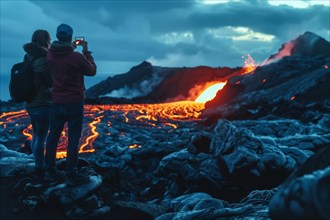 Tourists, onlookers photograph a spectacular volcanic landscape with liquid, partially cooled lava