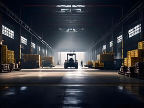 Loading bay at a seaport with forklifts and workers, AI generated