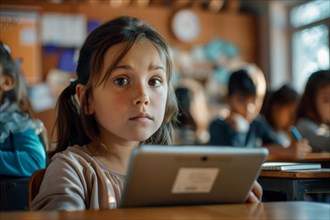 A pre-school girl sits in the classroom with a digital tablet and looks attentively into the