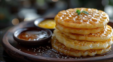 Stack of pancakes on a wooden plate with honey drizzle and sesame seeds, ai generated, AI generated