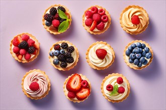 Top viee of tartlets with cream and fruits on violet background. KI generiert, generiert, AI