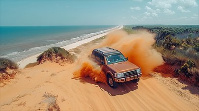 A vehicle driving fast on a coastal dune emitting a large orange sand cloud, action sports