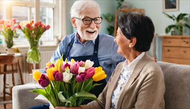 An elderly man with glasses laughingly hands a woman a colourful bouquet of tulips in the living
