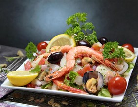 Food, Seafood salad, Frutti di Mare, on a plate, AI generated, AI generated