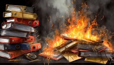 Several folders burning in a powerful fire with rising flames, symbol bureaucracy, AI generated, AI