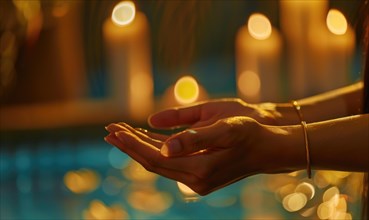 Hand outstretched against a backdrop of warm candlelight and bokeh, evoking a peaceful night