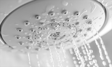 Water streaming from a shower head against a pristine white background AI generated