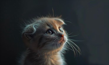 Close-up of a curious kitten against a dark background, side view AI generated
