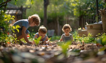 Three children are engaged in gardening, surrounded by lush greenery and bathed in sunlight AI