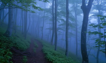 A peaceful trail meanders through a mist-covered forest AI generated