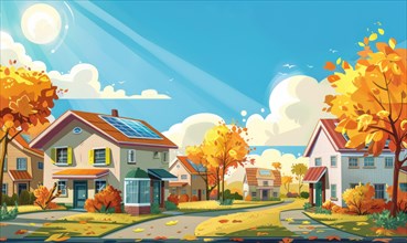 Autumn suburb scene with houses featuring solar panels, colorful fall trees, and a sunny street AI