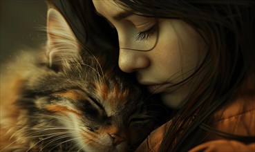 Loving embrace between a woman and her cat, a scene of comfort and tender affection AI generated