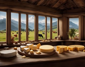 Cheese production on a farm in the alps mountains, cows graze in the mountains, AI generated