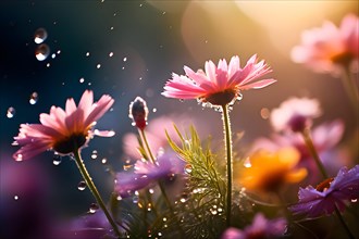 Wildflowers with dewdrops clinging to delicate petals, AI generated
