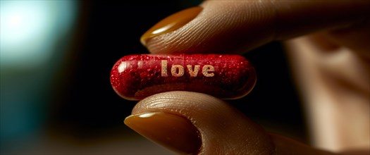 Close-up of a woman fingers holding a shiny red pill with 'love' written on it, AI generated