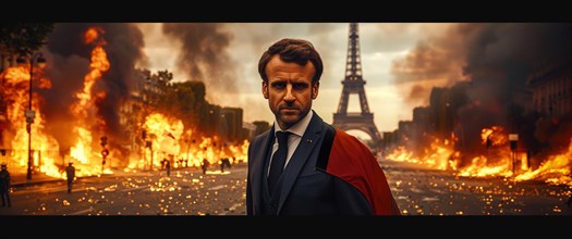 Determined man with French flags, Eiffel Tower behind, during fiery turmoil, AI generated