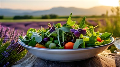Gourmet salad centered in a lush lavender field, AI generated