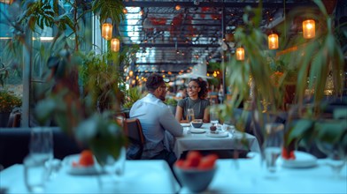 Elegant romantic african american couple enjoying a peaceful dinner at a classy restaurant, AI
