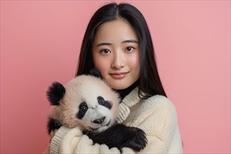 Young Asian woman holding a Giant Panda cub in front of studio background. KI generiert, generiert,