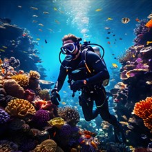 Underwater diver exploring vibrant coral reef, AI generated