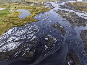 Overgrown river landscape, Eldhraun, near Kirkjubaejarklaustur, drone image, Sudurland, Iceland,