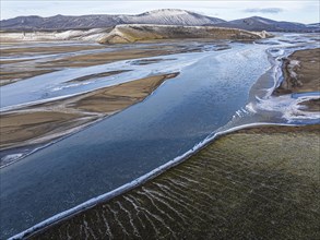 Overgrown river landscape, drone shot, Fjallabak Nature Reserve, Sudurland, Iceland, Europe