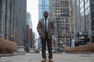 Man in suit standing confidently on a city street with urban buildings in background, AI generated