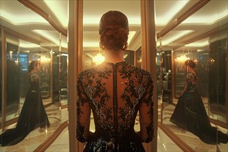 Woman in an elegant black dress viewed from behind, reflected in the grand mirrors of a luxurious