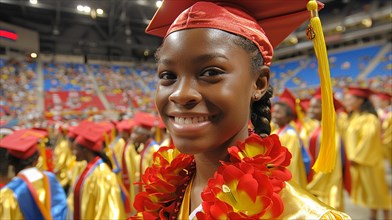 Smiling female graduate wearing a red cap and yellow gown, adorned with a floral lei, in a big