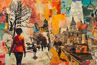 Collage of a woman's silhouette overlaid on a vibrant urban scene with mixed architectural