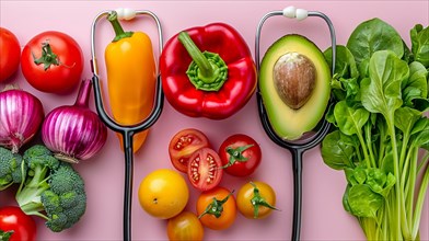 Fresh vegetables and fruits arranged with a stethoscope symbolizing health and nutrition, AI