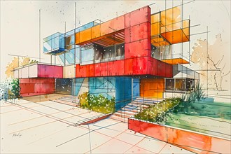 An artistic watercolor representation of a modern building with bold reds and rectangular shapes,