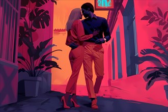 Couple embracing in urban night setting bathed in neon lights, illustration, AI generated