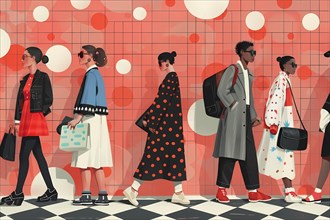 Stylized illustration of fashionable pedestrians on an urban street with polka dot elements,