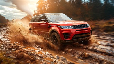 Red british SUV speeding through a muddy terrain, splashing mud around, AI generated